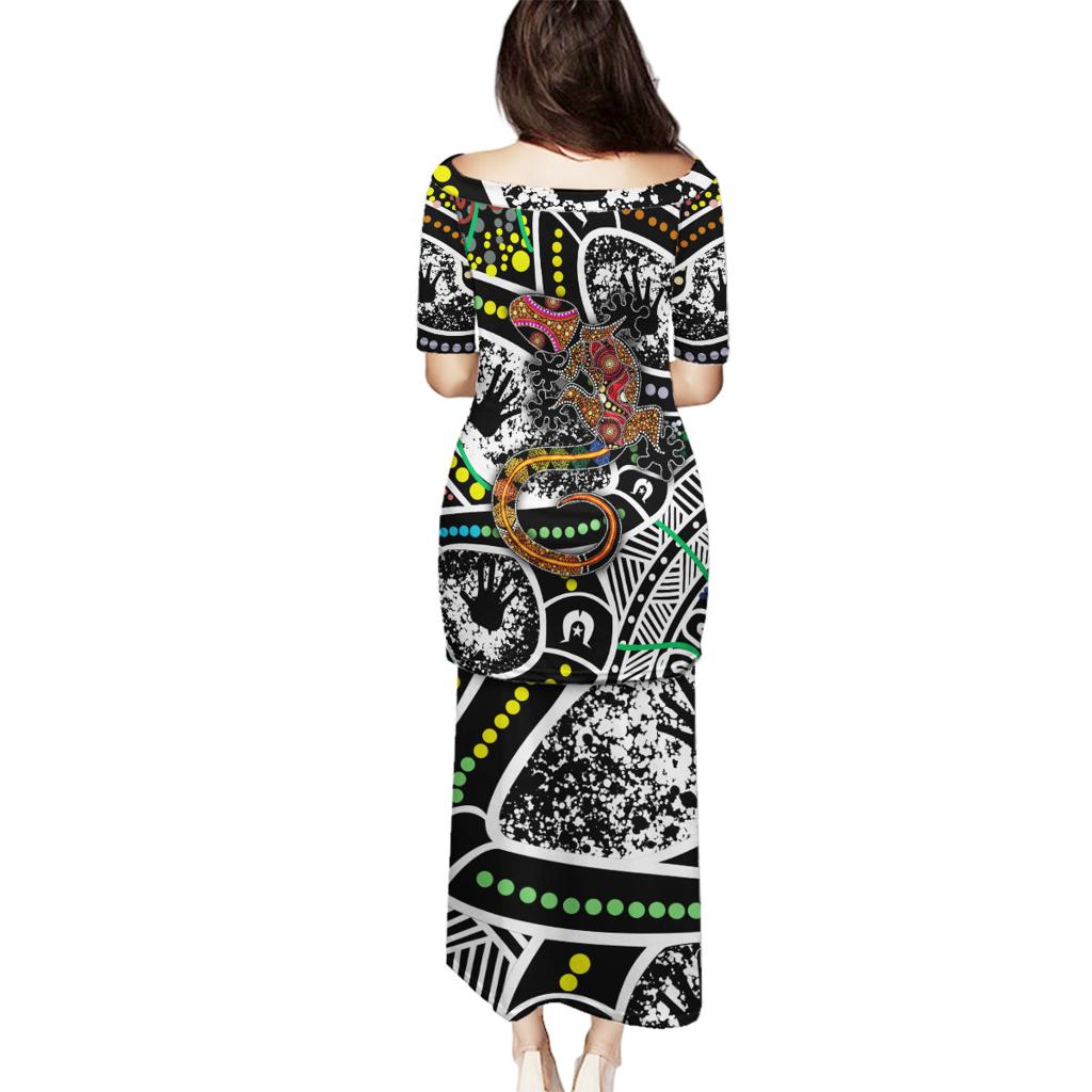 Aboriginal Lizzard Pattern Dot Art Family Matching Puletasi and Hawaiian Shirt