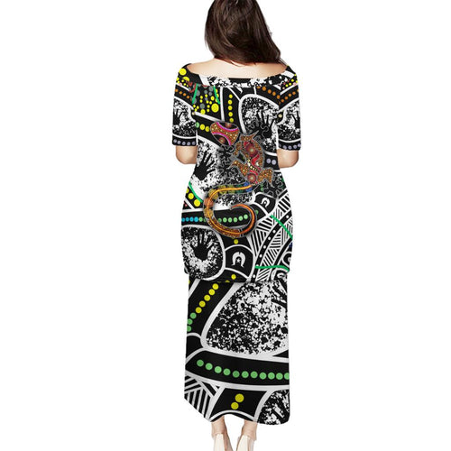 Aboriginal Lizzard Pattern Dot Art Family Matching Puletasi and Hawaiian Shirt
