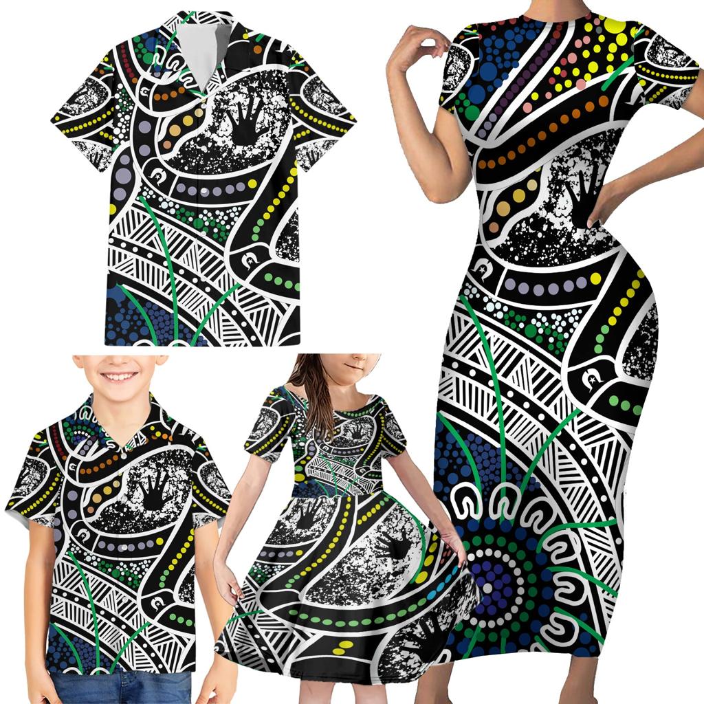 Aboriginal Lizzard Pattern Dot Art Family Matching Short Sleeve Bodycon Dress and Hawaiian Shirt