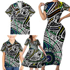 Aboriginal Lizzard Pattern Dot Art Family Matching Short Sleeve Bodycon Dress and Hawaiian Shirt