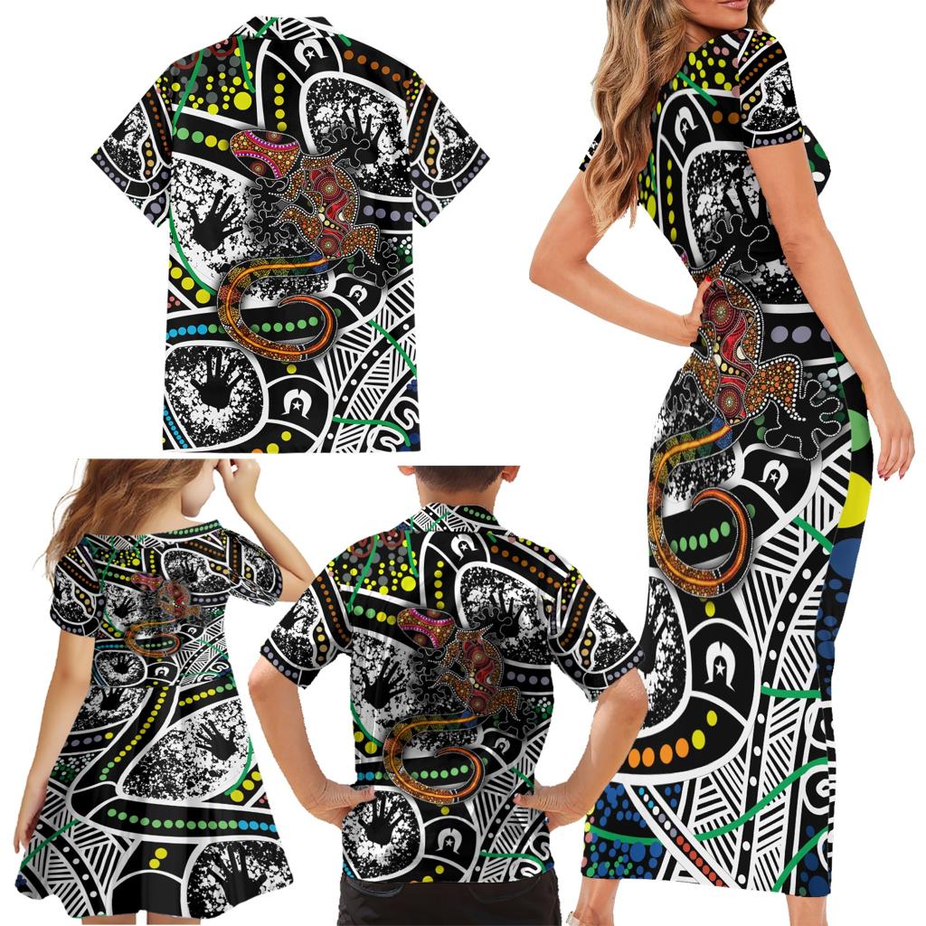 Aboriginal Lizzard Pattern Dot Art Family Matching Short Sleeve Bodycon Dress and Hawaiian Shirt