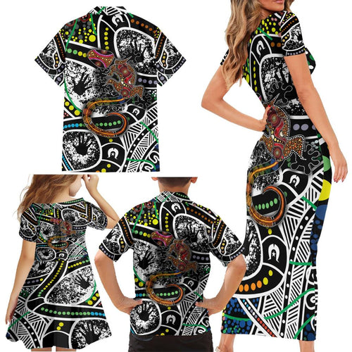 Aboriginal Lizzard Pattern Dot Art Family Matching Short Sleeve Bodycon Dress and Hawaiian Shirt