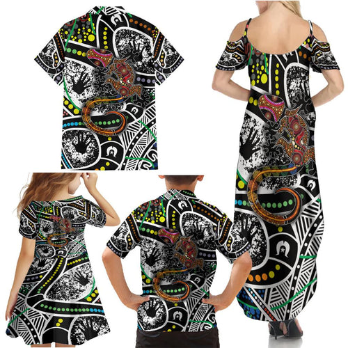 Aboriginal Lizzard Pattern Dot Art Family Matching Summer Maxi Dress and Hawaiian Shirt