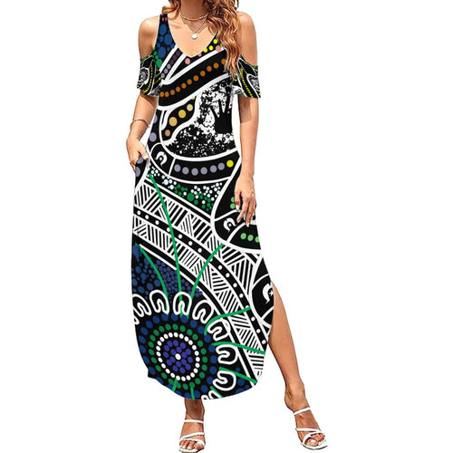 Aboriginal Lizzard Pattern Dot Art Family Matching Summer Maxi Dress and Hawaiian Shirt