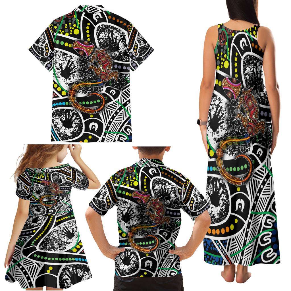 Aboriginal Lizzard Pattern Dot Art Family Matching Tank Maxi Dress and Hawaiian Shirt