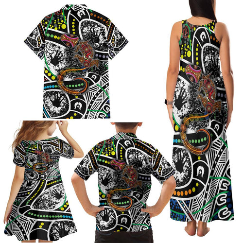 Aboriginal Lizzard Pattern Dot Art Family Matching Tank Maxi Dress and Hawaiian Shirt