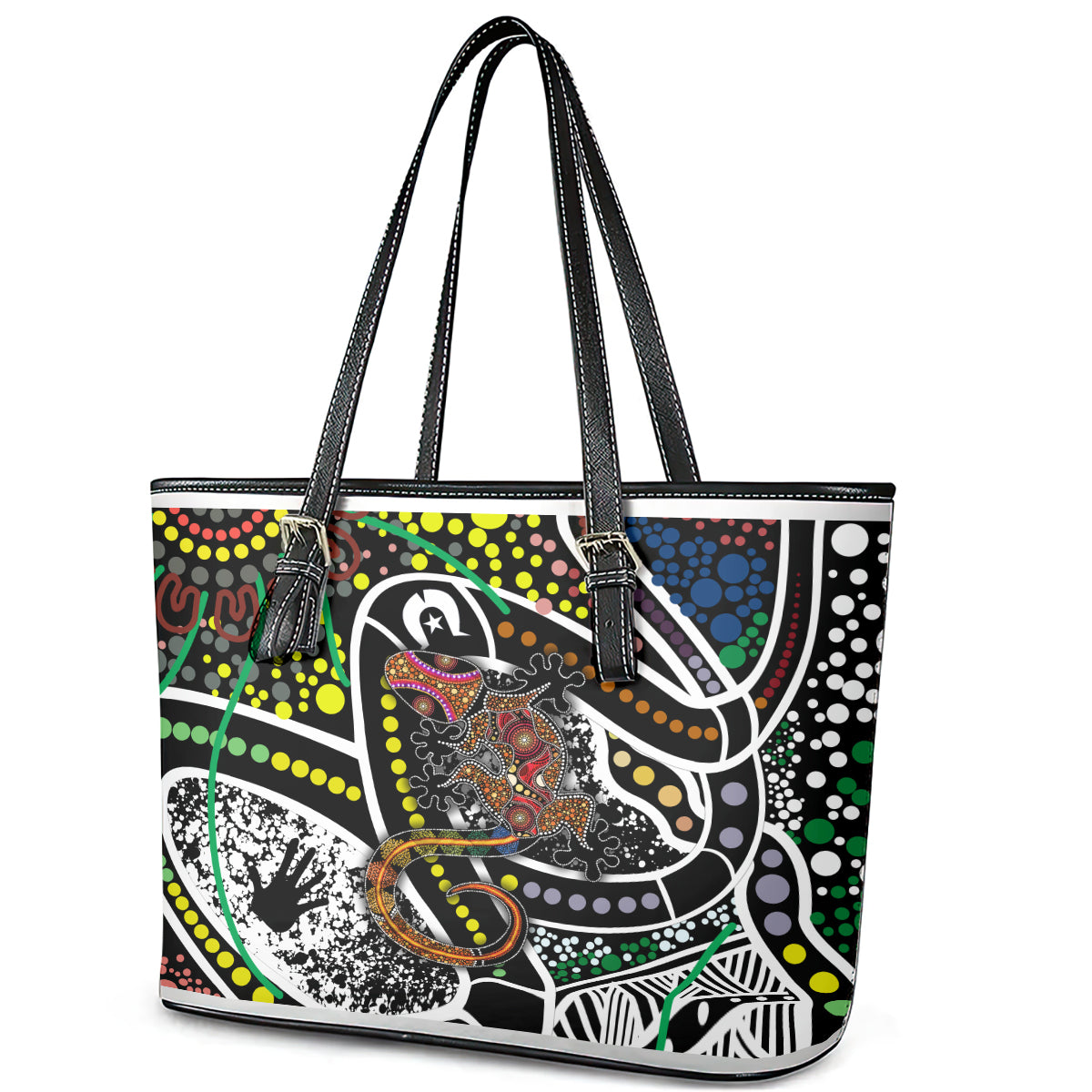 Aboriginal Lizzard Pattern Dot Art Leather Tote Bag
