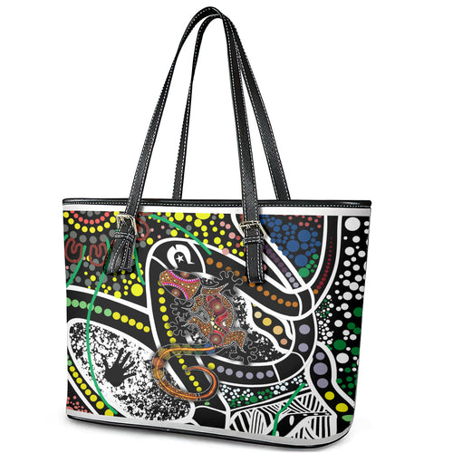 Aboriginal Lizzard Pattern Dot Art Leather Tote Bag
