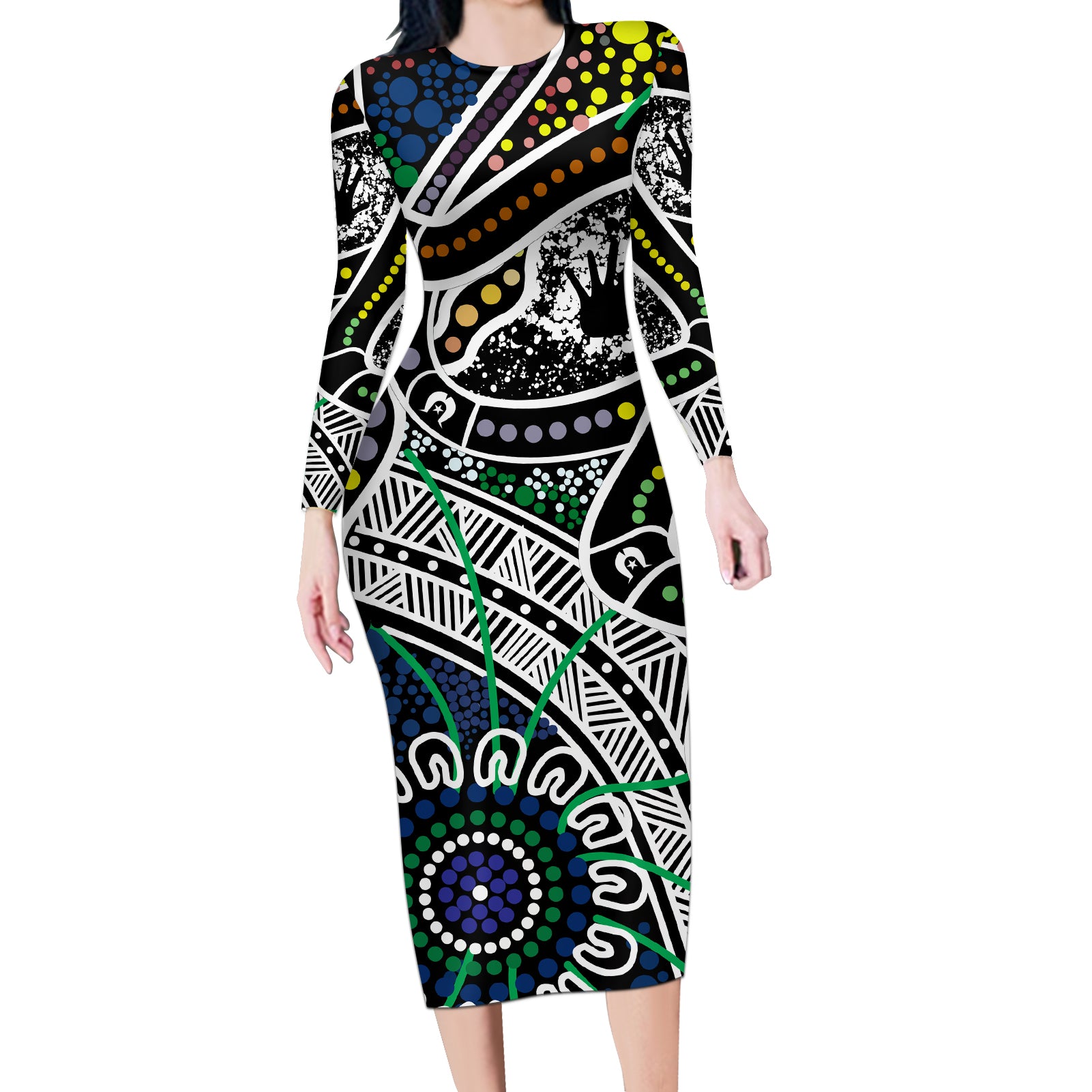 Aboriginal Lizzard Pattern Dot Art Long Sleeve Bodycon Dress