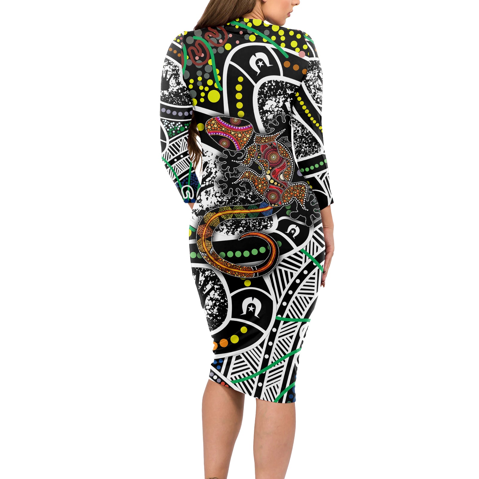 Aboriginal Lizzard Pattern Dot Art Long Sleeve Bodycon Dress