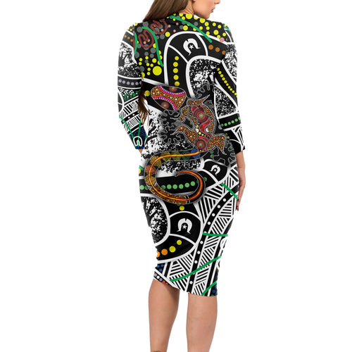 Aboriginal Lizzard Pattern Dot Art Long Sleeve Bodycon Dress