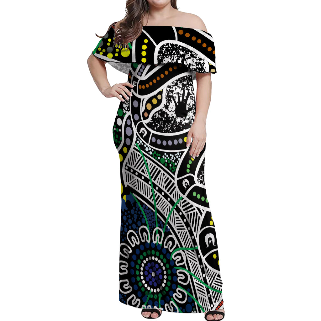Aboriginal Lizzard Pattern Dot Art Off Shoulder Maxi Dress