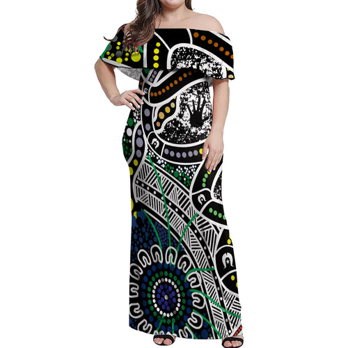 Aboriginal Lizzard Pattern Dot Art Off Shoulder Maxi Dress