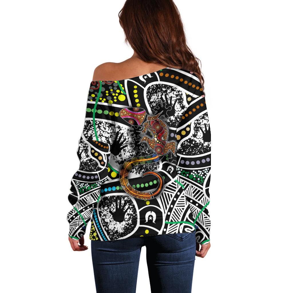 Aboriginal Lizzard Pattern Dot Art Off Shoulder Sweater
