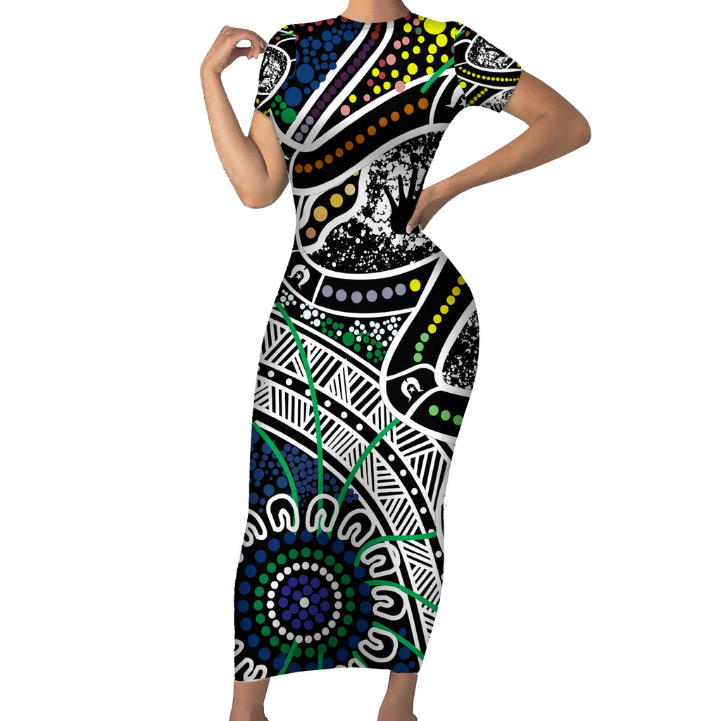 Aboriginal Lizzard Pattern Dot Art Short Sleeve Bodycon Dress