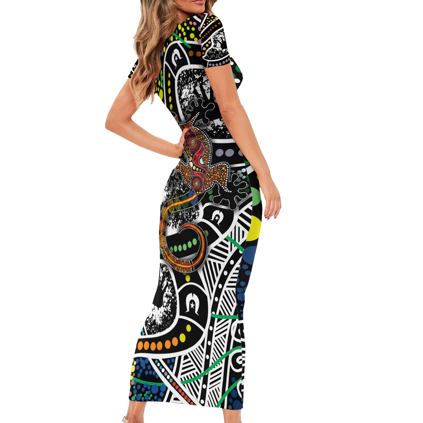 Aboriginal Lizzard Pattern Dot Art Short Sleeve Bodycon Dress