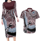 Aboriginal Pattern Bird Couples Matching Long Sleeve Bodycon Dress and Hawaiian Shirt