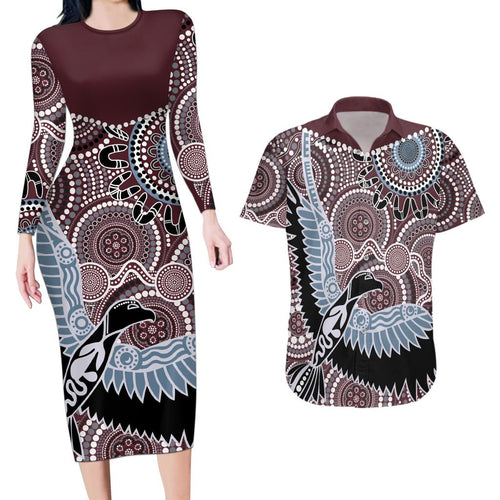 Aboriginal Pattern Bird Couples Matching Long Sleeve Bodycon Dress and Hawaiian Shirt