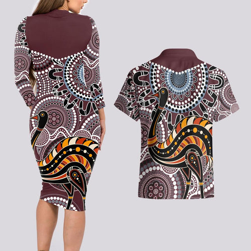 Aboriginal Pattern Bird Couples Matching Long Sleeve Bodycon Dress and Hawaiian Shirt