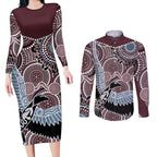 Aboriginal Pattern Bird Couples Matching Long Sleeve Bodycon Dress and Long Sleeve Button Shirt