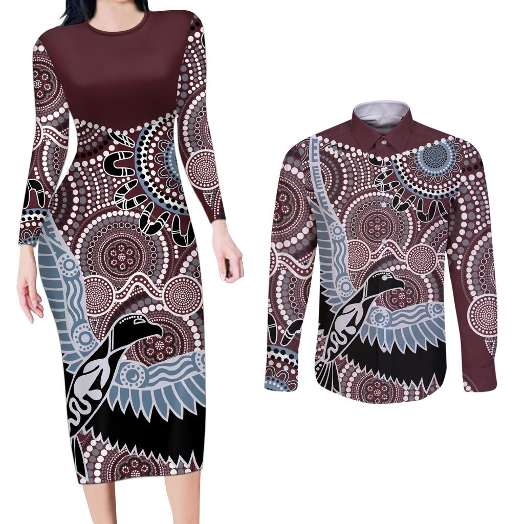 Aboriginal Pattern Bird Couples Matching Long Sleeve Bodycon Dress and Long Sleeve Button Shirt