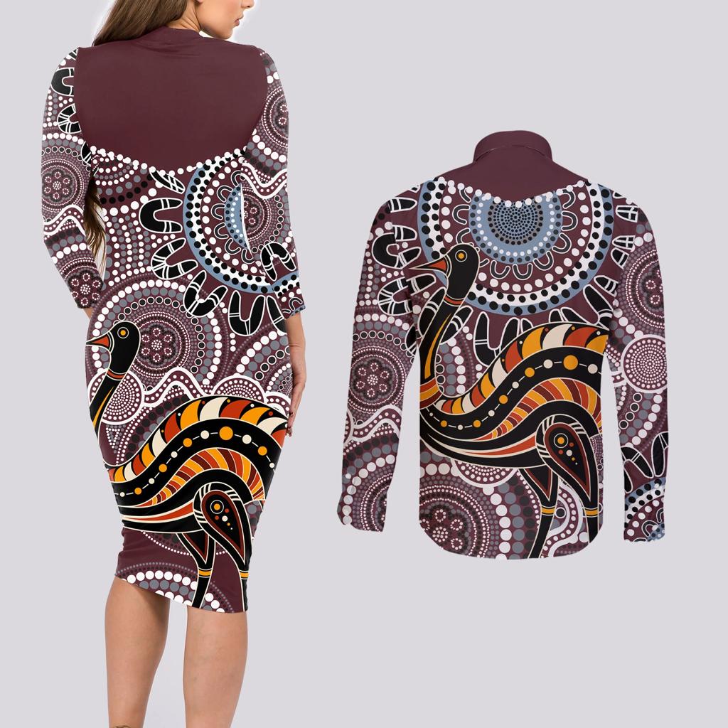 Aboriginal Pattern Bird Couples Matching Long Sleeve Bodycon Dress and Long Sleeve Button Shirt