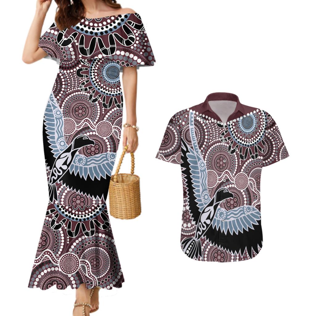 Aboriginal Pattern Bird Couples Matching Mermaid Dress and Hawaiian Shirt