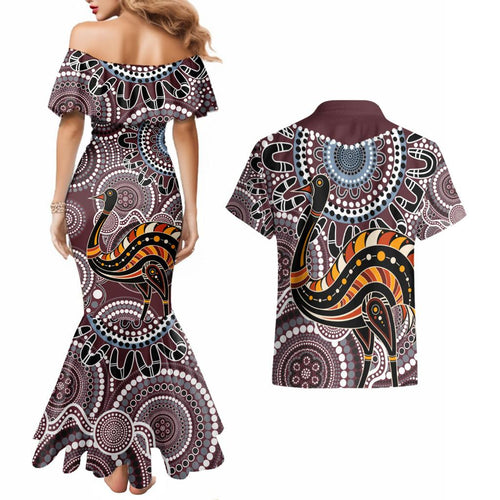 Aboriginal Pattern Bird Couples Matching Mermaid Dress and Hawaiian Shirt