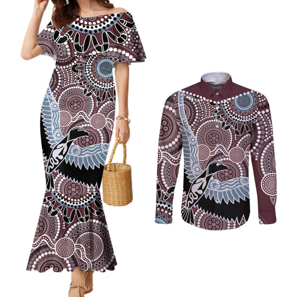 Aboriginal Pattern Bird Couples Matching Mermaid Dress and Long Sleeve Button Shirt