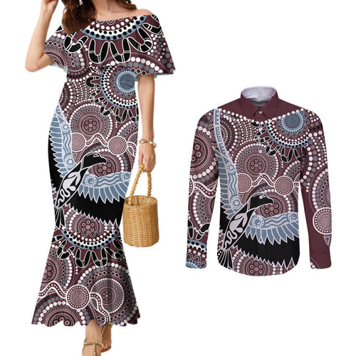 Aboriginal Pattern Bird Couples Matching Mermaid Dress and Long Sleeve Button Shirt