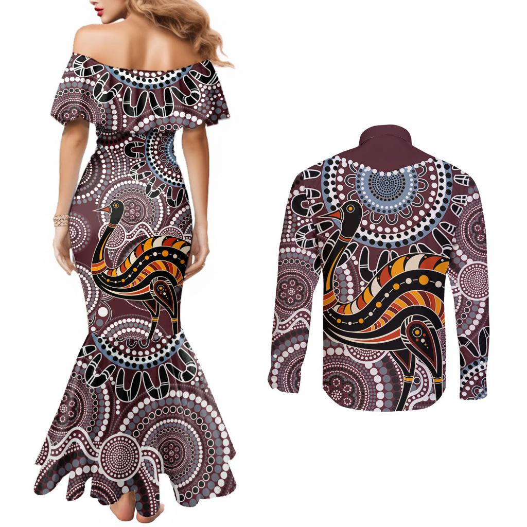 Aboriginal Pattern Bird Couples Matching Mermaid Dress and Long Sleeve Button Shirt