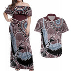 Aboriginal Pattern Bird Couples Matching Off Shoulder Maxi Dress and Hawaiian Shirt