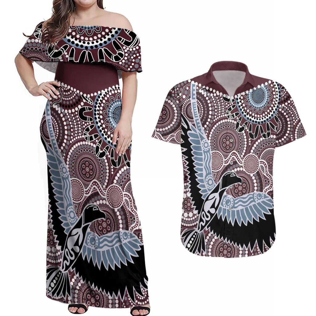 Aboriginal Pattern Bird Couples Matching Off Shoulder Maxi Dress and Hawaiian Shirt