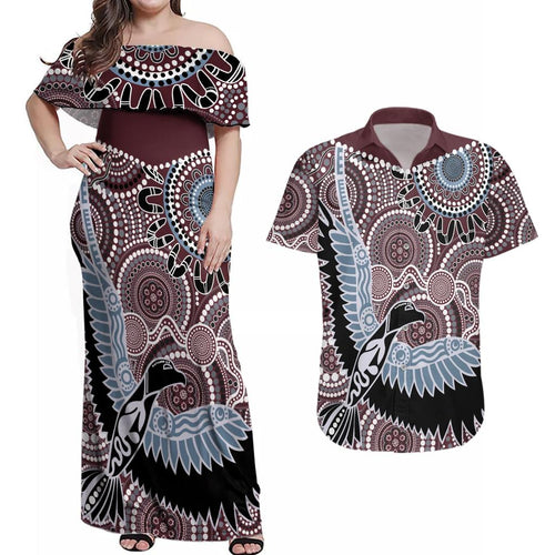 Aboriginal Pattern Bird Couples Matching Off Shoulder Maxi Dress and Hawaiian Shirt