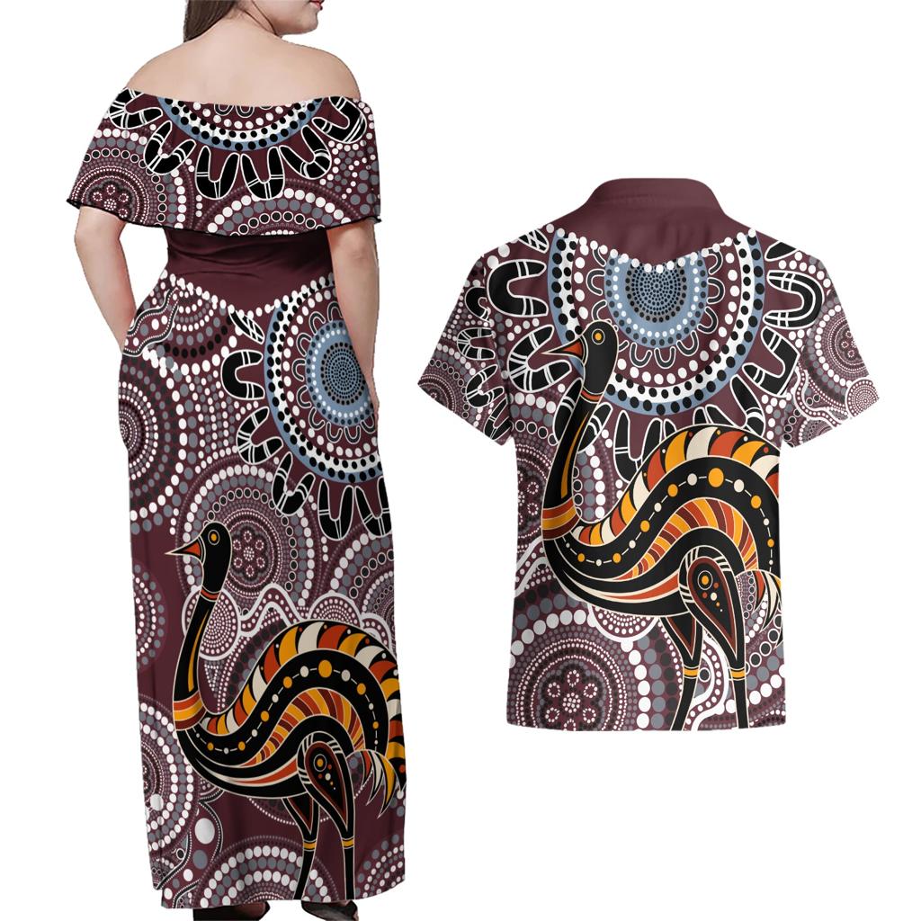 Aboriginal Pattern Bird Couples Matching Off Shoulder Maxi Dress and Hawaiian Shirt