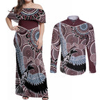 Aboriginal Pattern Bird Couples Matching Off Shoulder Maxi Dress and Long Sleeve Button Shirt