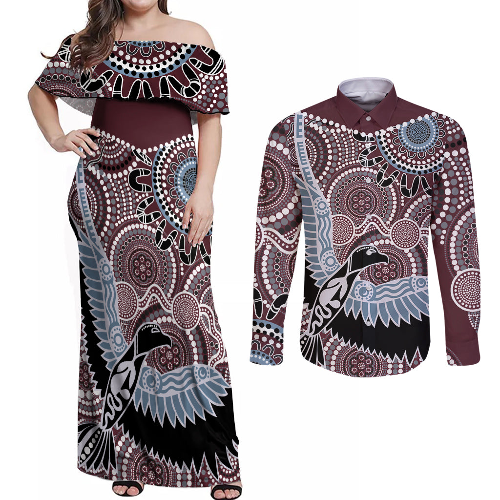 Aboriginal Pattern Bird Couples Matching Off Shoulder Maxi Dress and Long Sleeve Button Shirt