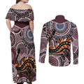 Aboriginal Pattern Bird Couples Matching Off Shoulder Maxi Dress and Long Sleeve Button Shirt