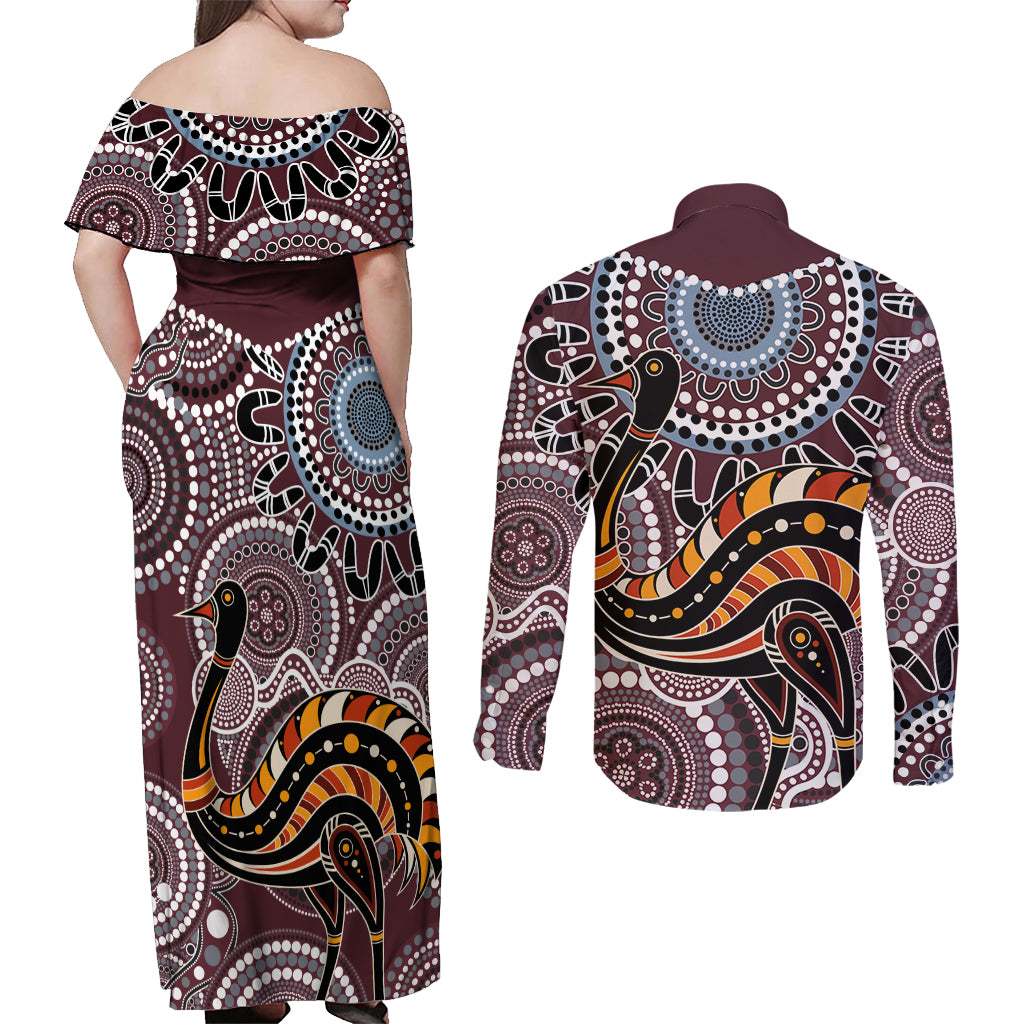 Aboriginal Pattern Bird Couples Matching Off Shoulder Maxi Dress and Long Sleeve Button Shirt