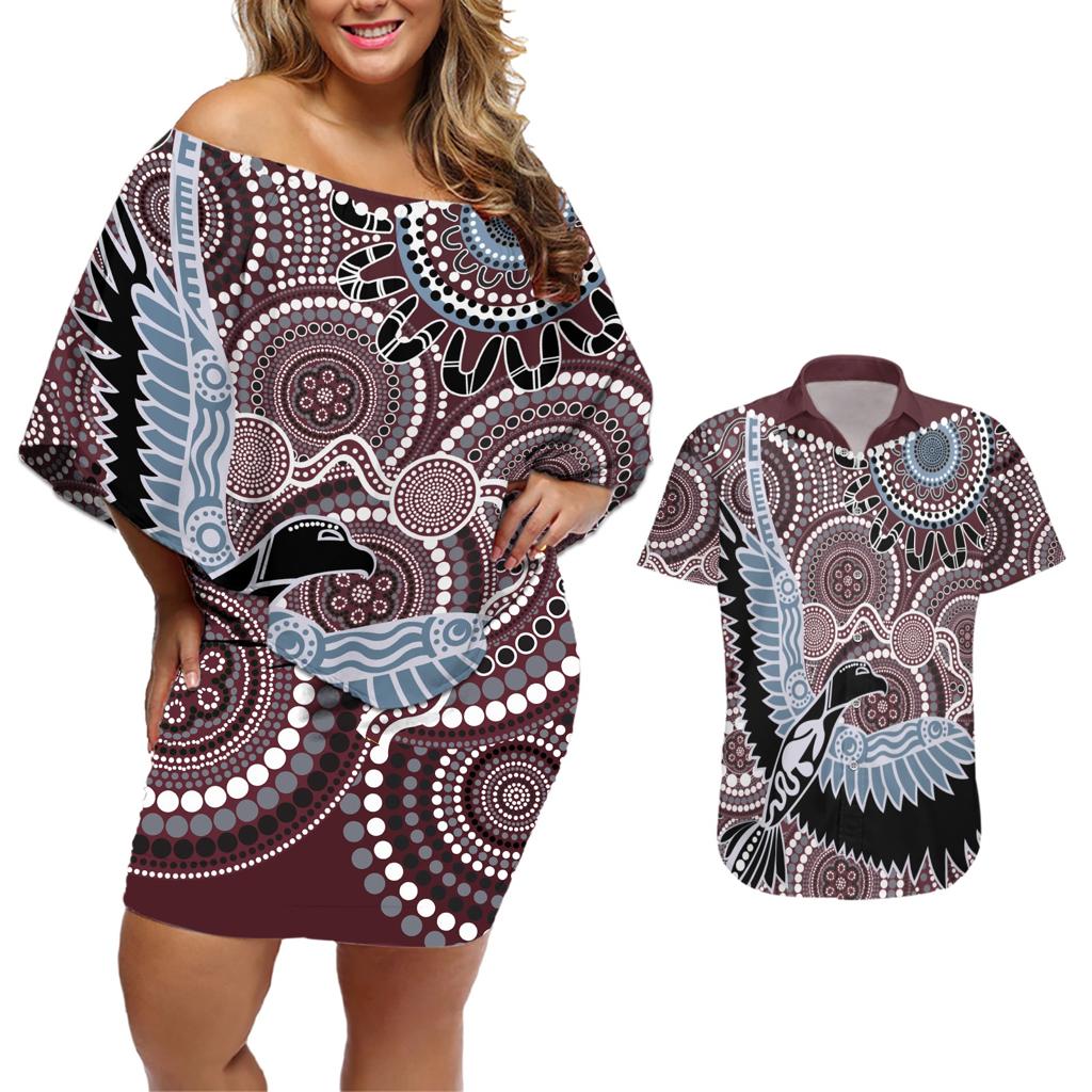 Aboriginal Pattern Bird Couples Matching Off Shoulder Short Dress and Hawaiian Shirt
