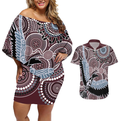 Aboriginal Pattern Bird Couples Matching Off Shoulder Short Dress and Hawaiian Shirt