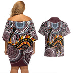 Aboriginal Pattern Bird Couples Matching Off Shoulder Short Dress and Hawaiian Shirt