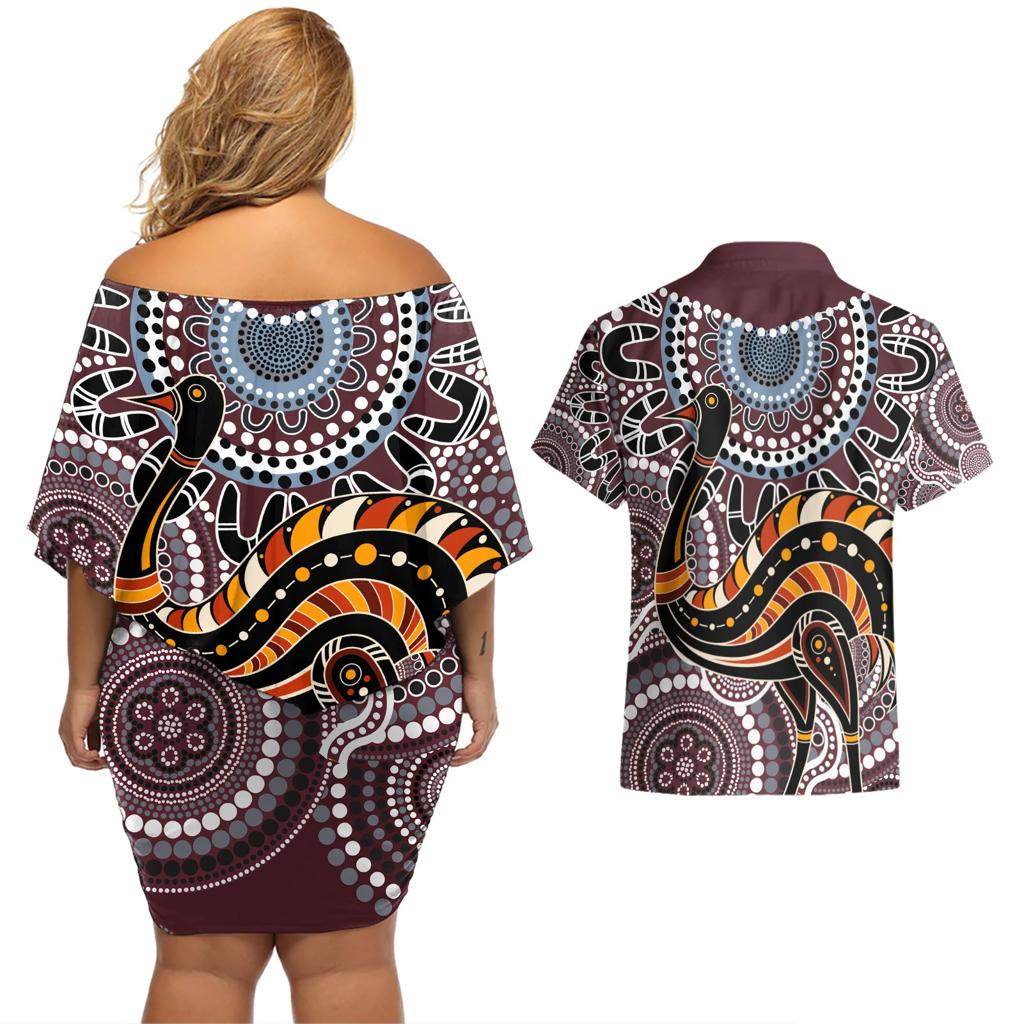 Aboriginal Pattern Bird Couples Matching Off Shoulder Short Dress and Hawaiian Shirt