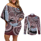 Aboriginal Pattern Bird Couples Matching Off Shoulder Short Dress and Long Sleeve Button Shirt