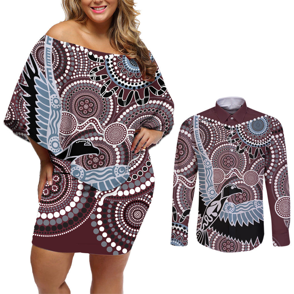 Aboriginal Pattern Bird Couples Matching Off Shoulder Short Dress and Long Sleeve Button Shirt
