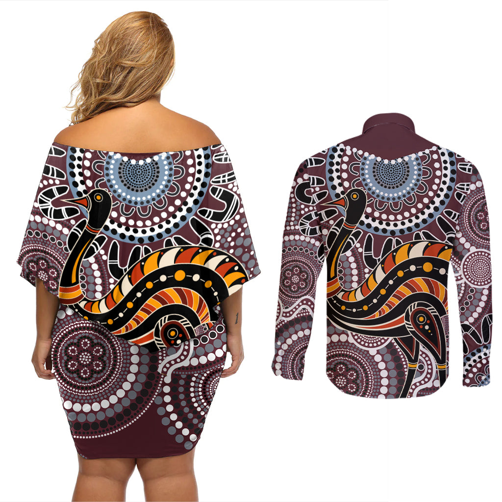 Aboriginal Pattern Bird Couples Matching Off Shoulder Short Dress and Long Sleeve Button Shirt