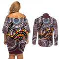 Aboriginal Pattern Bird Couples Matching Off Shoulder Short Dress and Long Sleeve Button Shirt