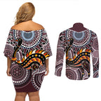Aboriginal Pattern Bird Couples Matching Off Shoulder Short Dress and Long Sleeve Button Shirt