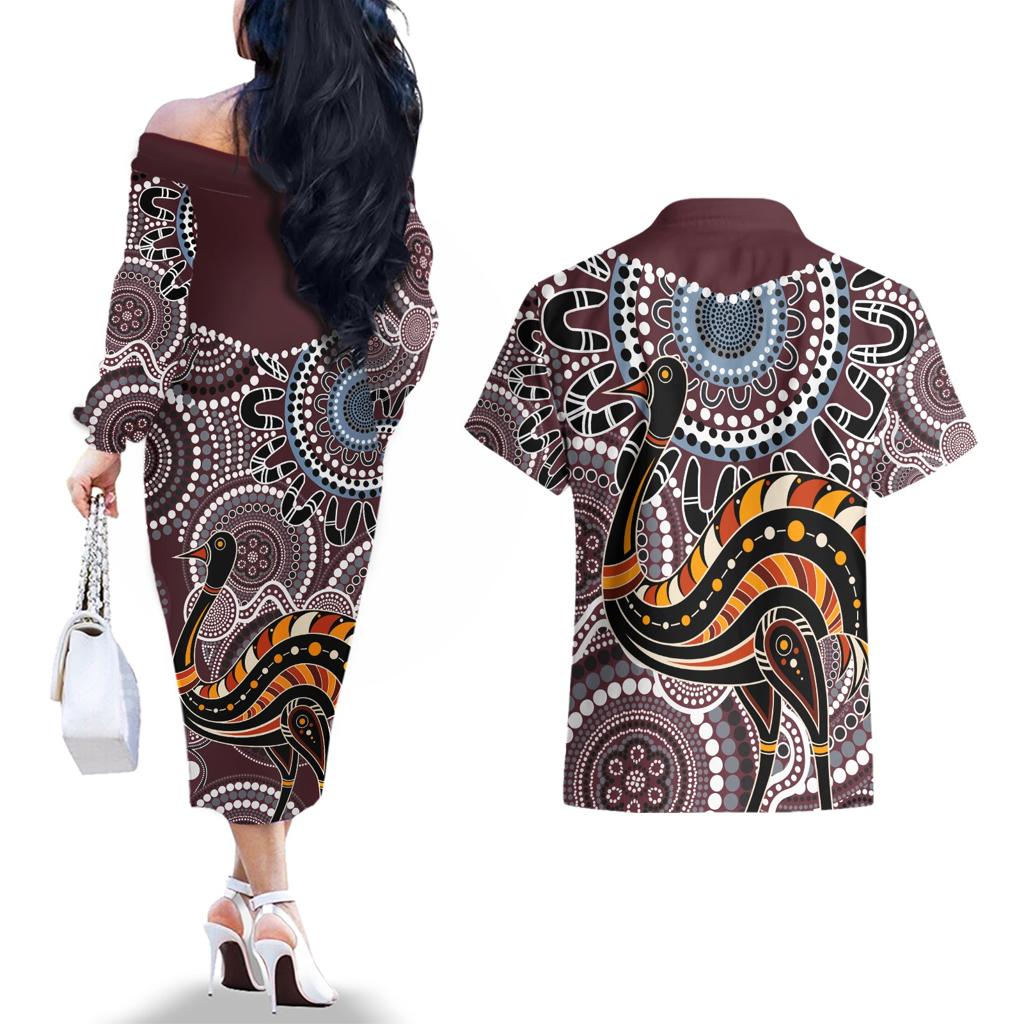 Aboriginal Pattern Bird Couples Matching Off The Shoulder Long Sleeve Dress and Hawaiian Shirt