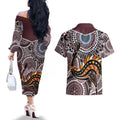 Aboriginal Pattern Bird Couples Matching Off The Shoulder Long Sleeve Dress and Hawaiian Shirt
